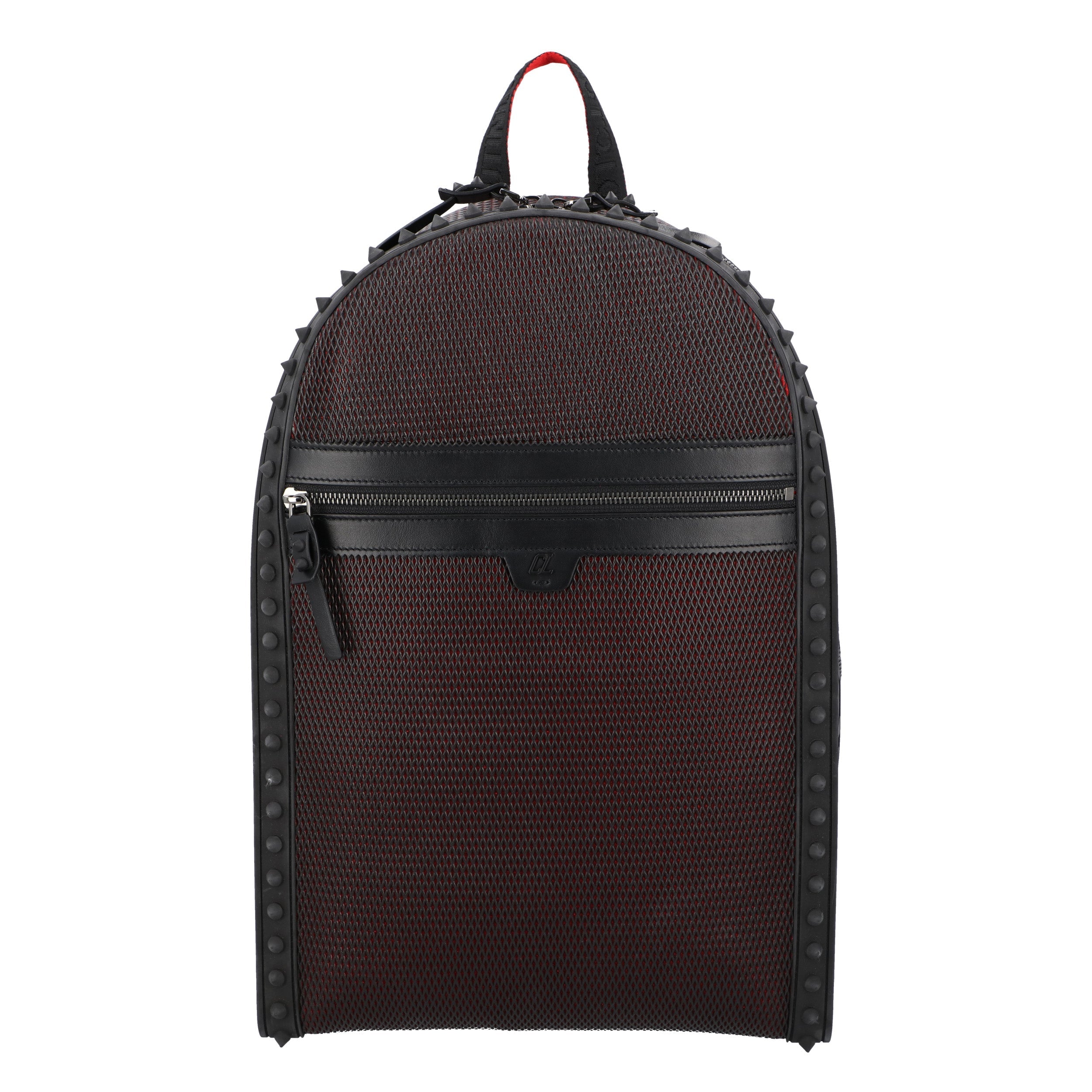 Iconic Black Mesh And Loubi Red Leather Backpack With Signature Spikes