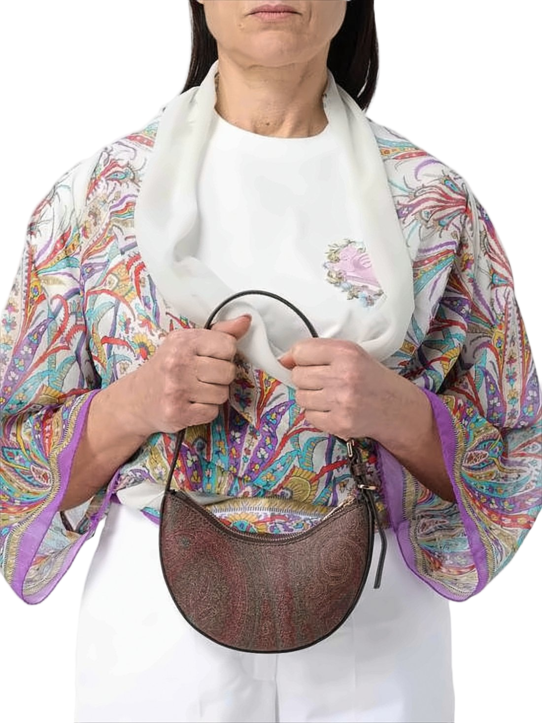 Crescent-Shaped Shoulder Bag with Paisley Pattern