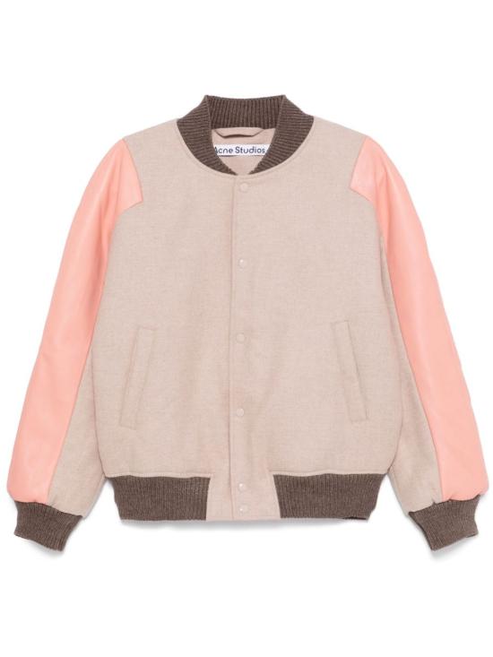 Beige Wool-Blend Bomber Jacket With Lambskin Sleeves