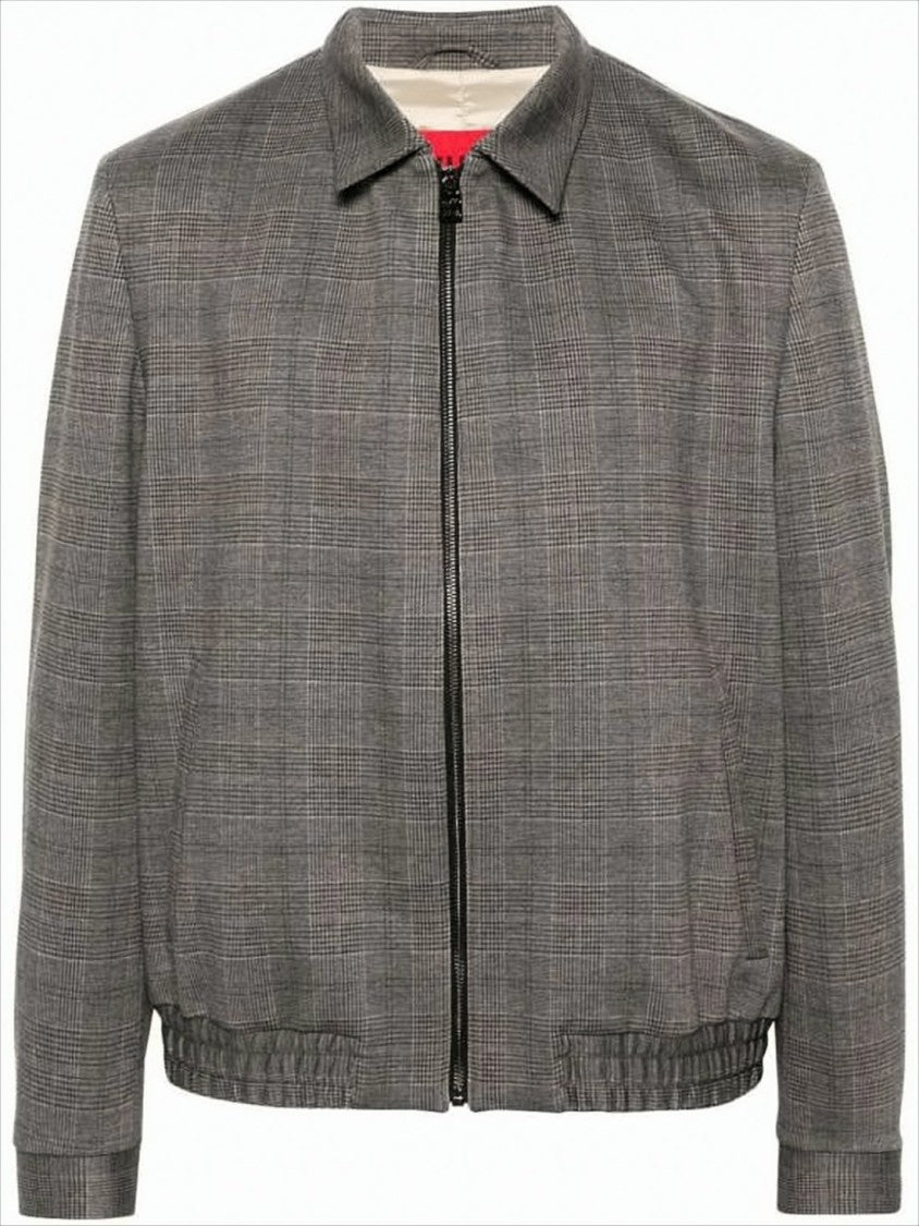 Grey Checkered Casual Jacket with Structured Collar by Hugo Boss