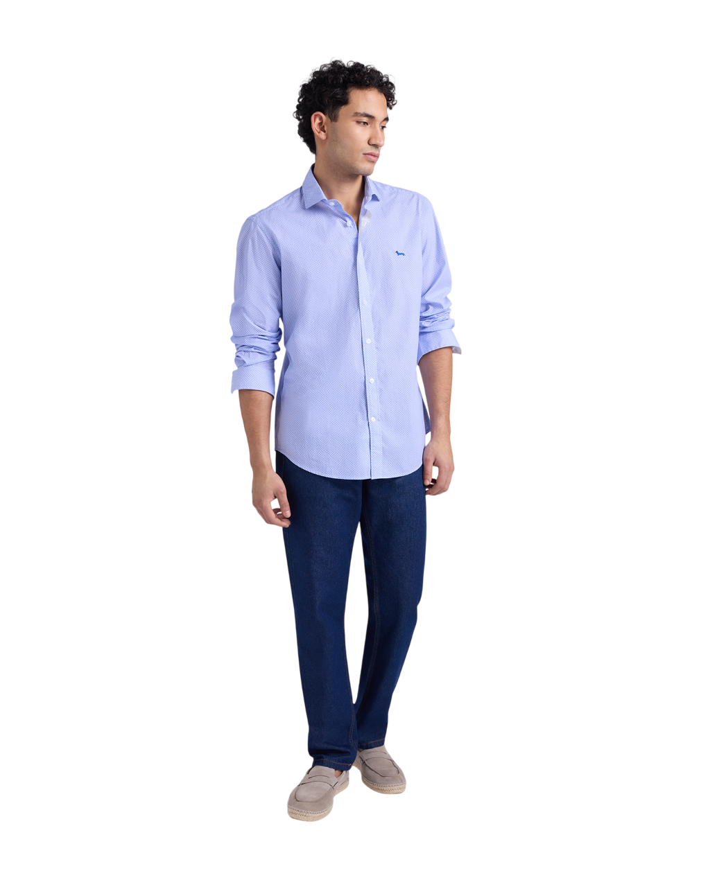 Clear Blue Micro-Print Shirt with Buttonless Collar