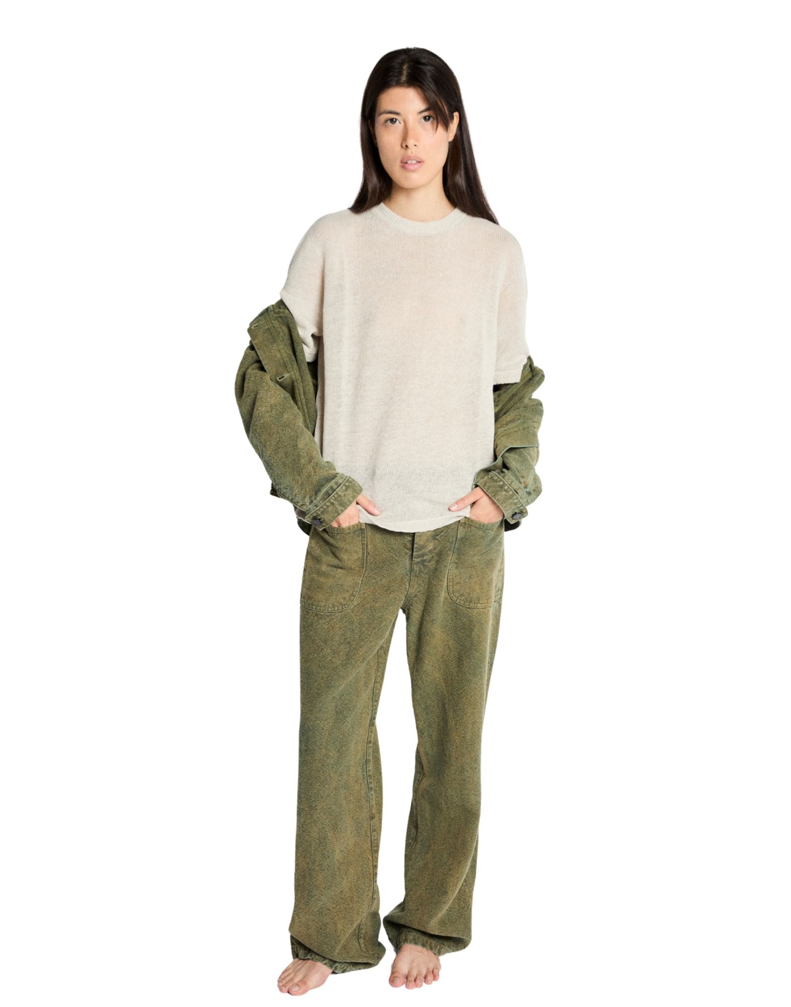 Cream Hemp Knit Garment Dyed T-Shirt