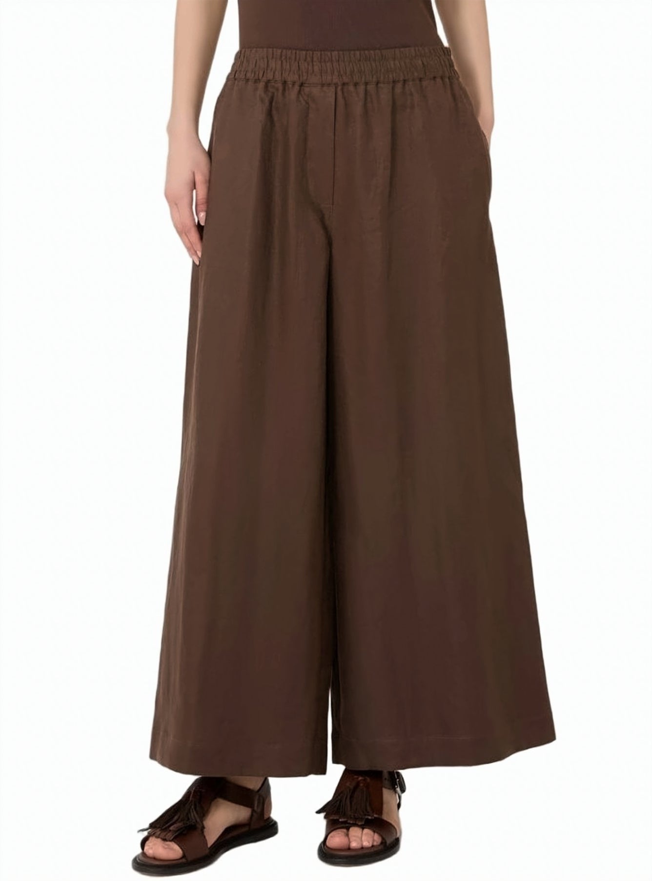 Pure Linen Elastic Waist Wide Trousers