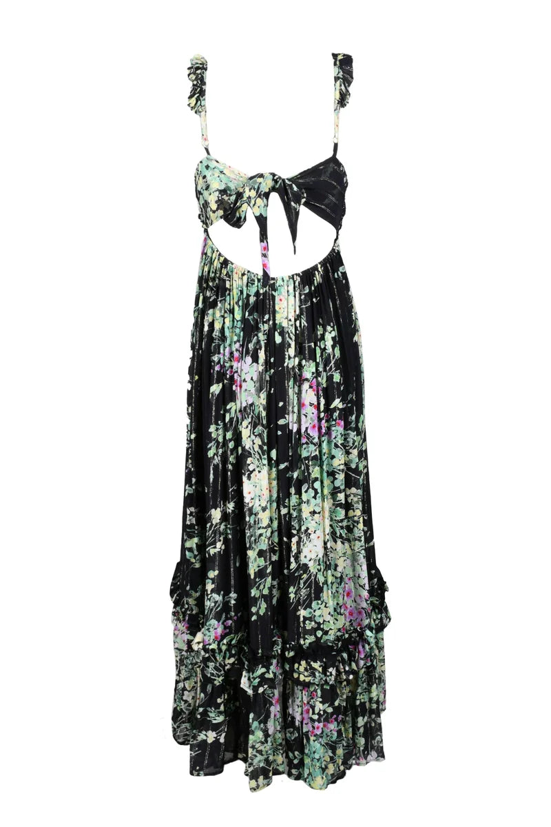 Maxi Dress with Floral Pattern and Ruffled Hem