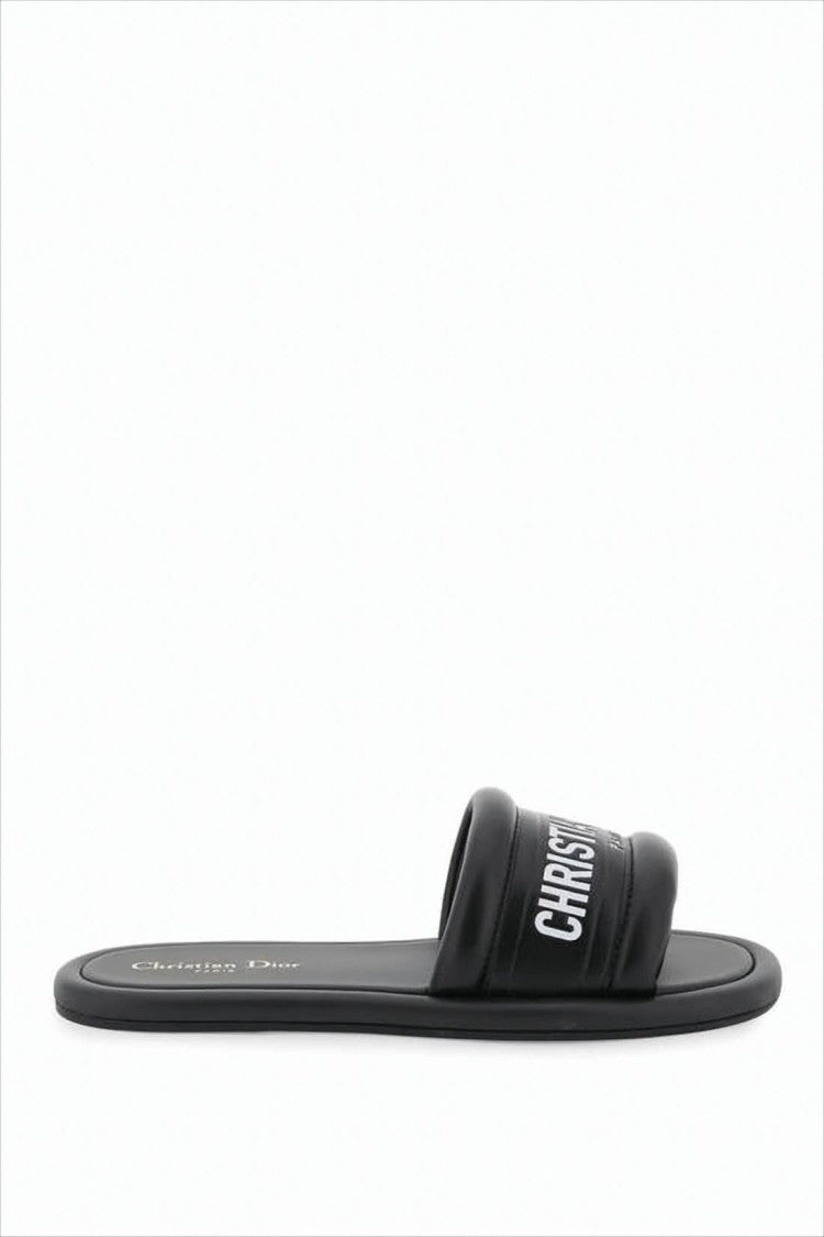 Lambskin Black Slide Sandals with Bold Lettering
