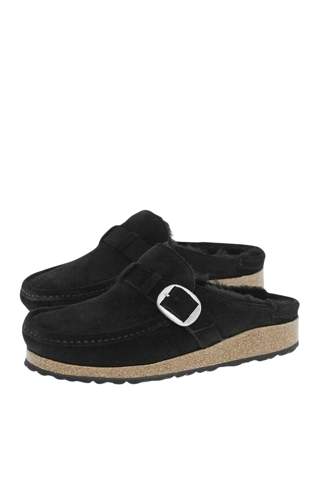 Black Suede Mule with Silver Buckle
