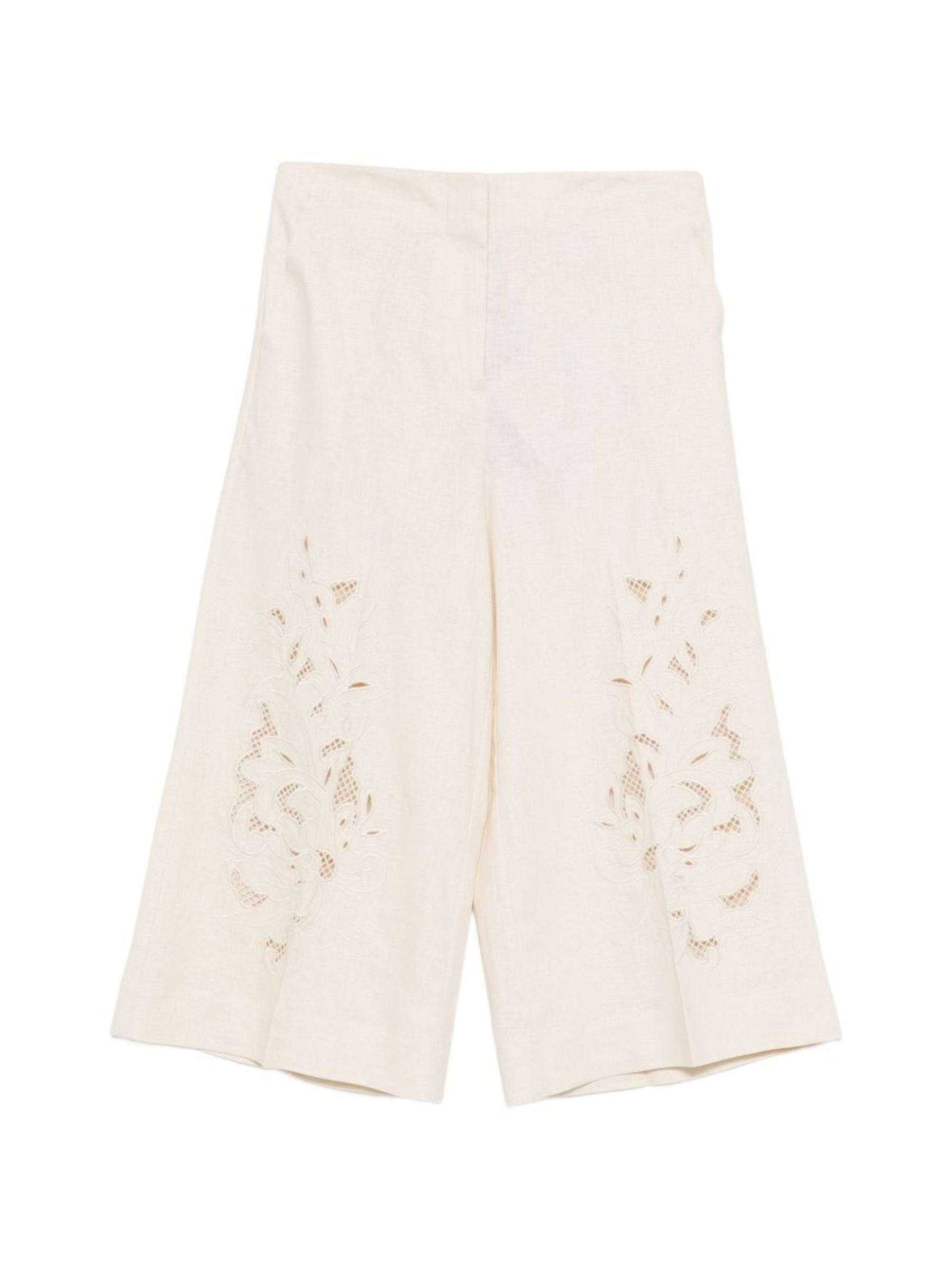 Wide-Leg Cropped Pants with Intricate Floral Embroidery