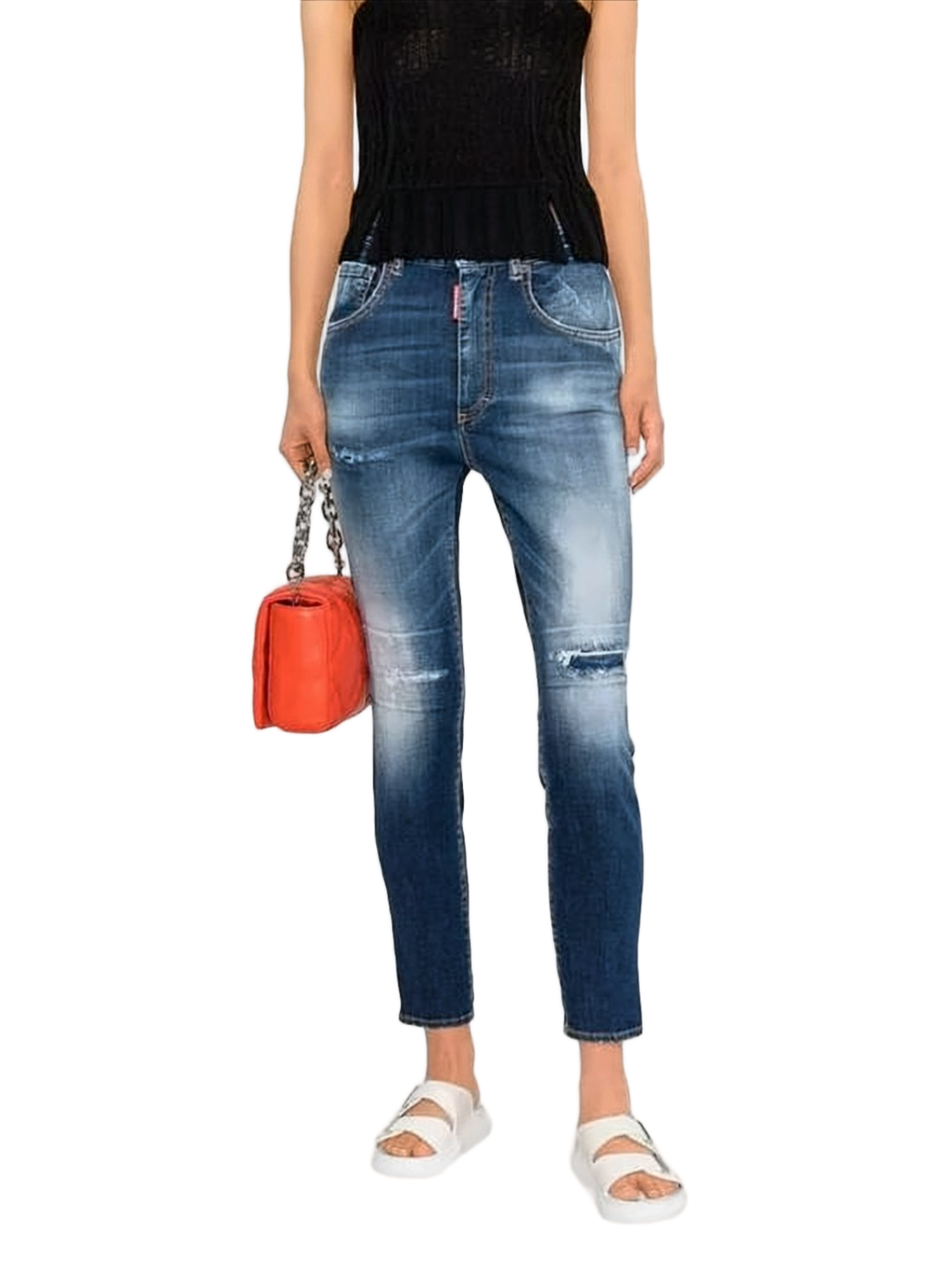 Slim-Fit Distressed Denim Pants with Unique Details