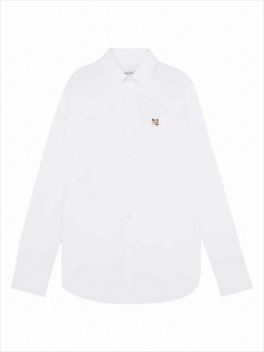 Long-Sleeve White Shirt With Classic Collar And Embroidered Fox Logo