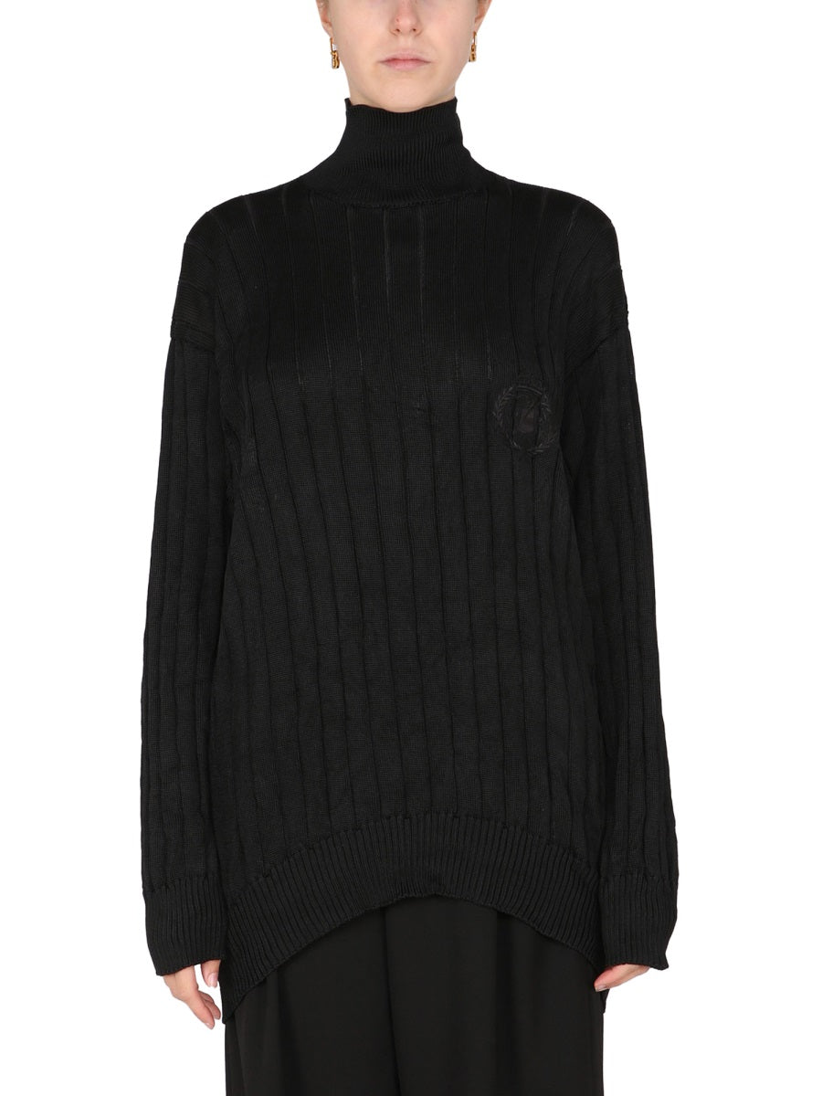 Ribbed Silk Knit Oversized Turtleneck Pullover