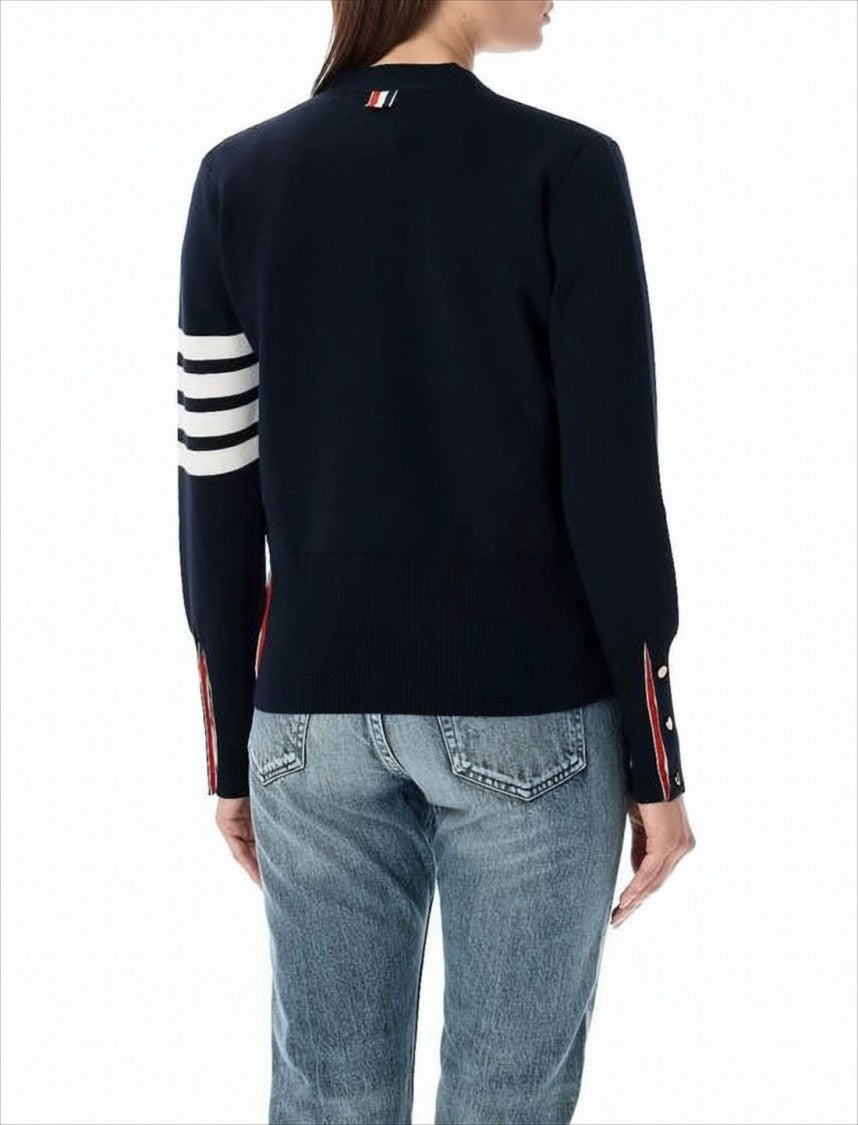 Classic V-Neck Merino Wool Cardigan with Striped Detail