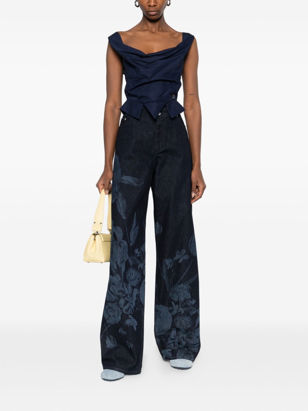 Sleeveless Blue Top With Draped Cowl Neckline And Pointed Hem