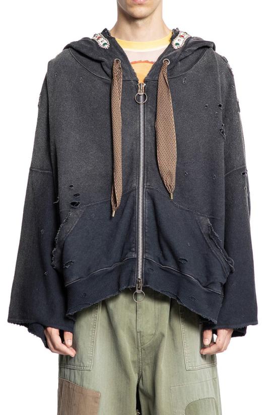 Distressed Black Zip-Up Hoodie with Vintage Accents