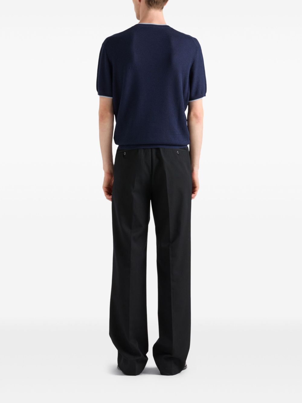 Navy Blue Short-Sleeve Sweater With Contrasting Border