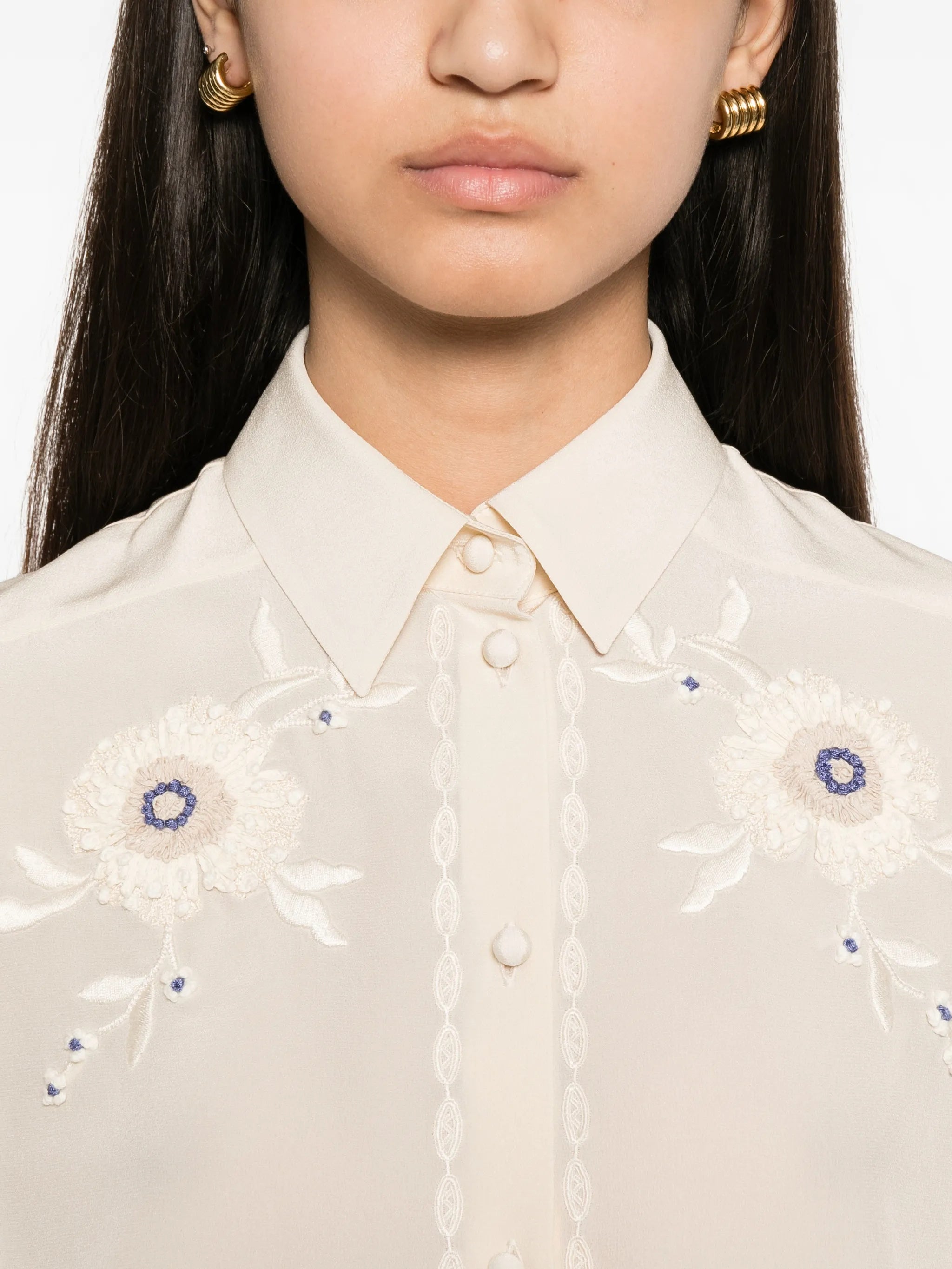 Neutral Floral Embroidered Puff Sleeve Shirt