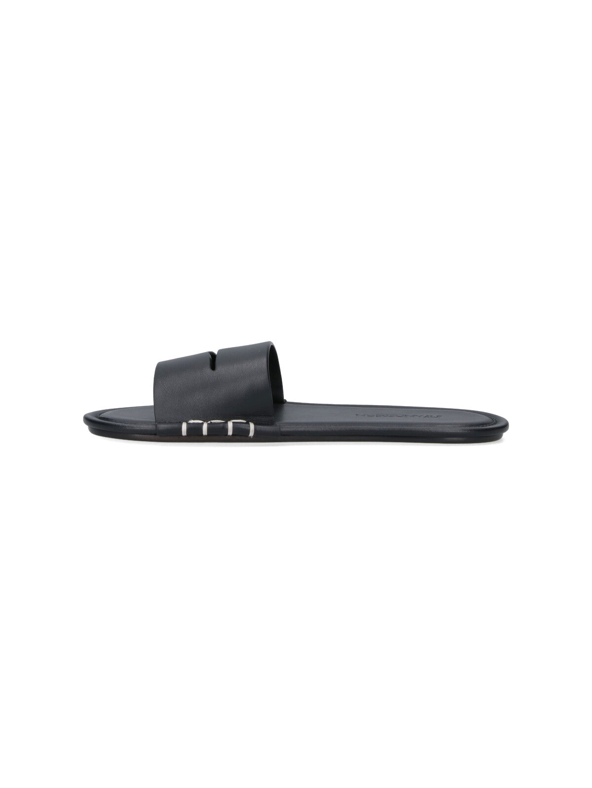 Open-Toe Calf Leather Slides with Contrast Stitching