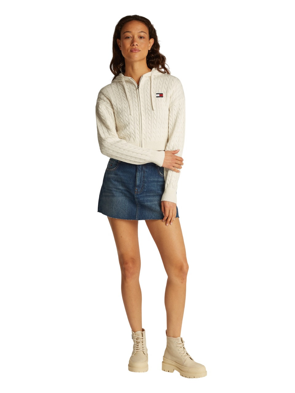 Full-Zip Cropped Hoodie With Textured Cable Knit