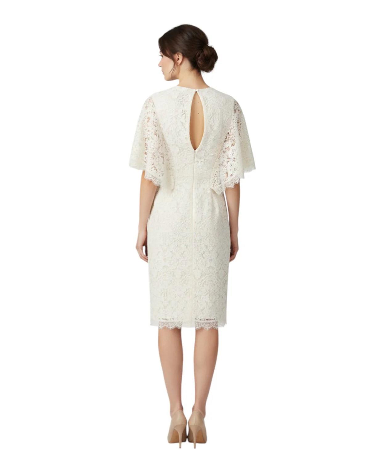 White Lace Overlay Midi Dress with Flutter Sleeves