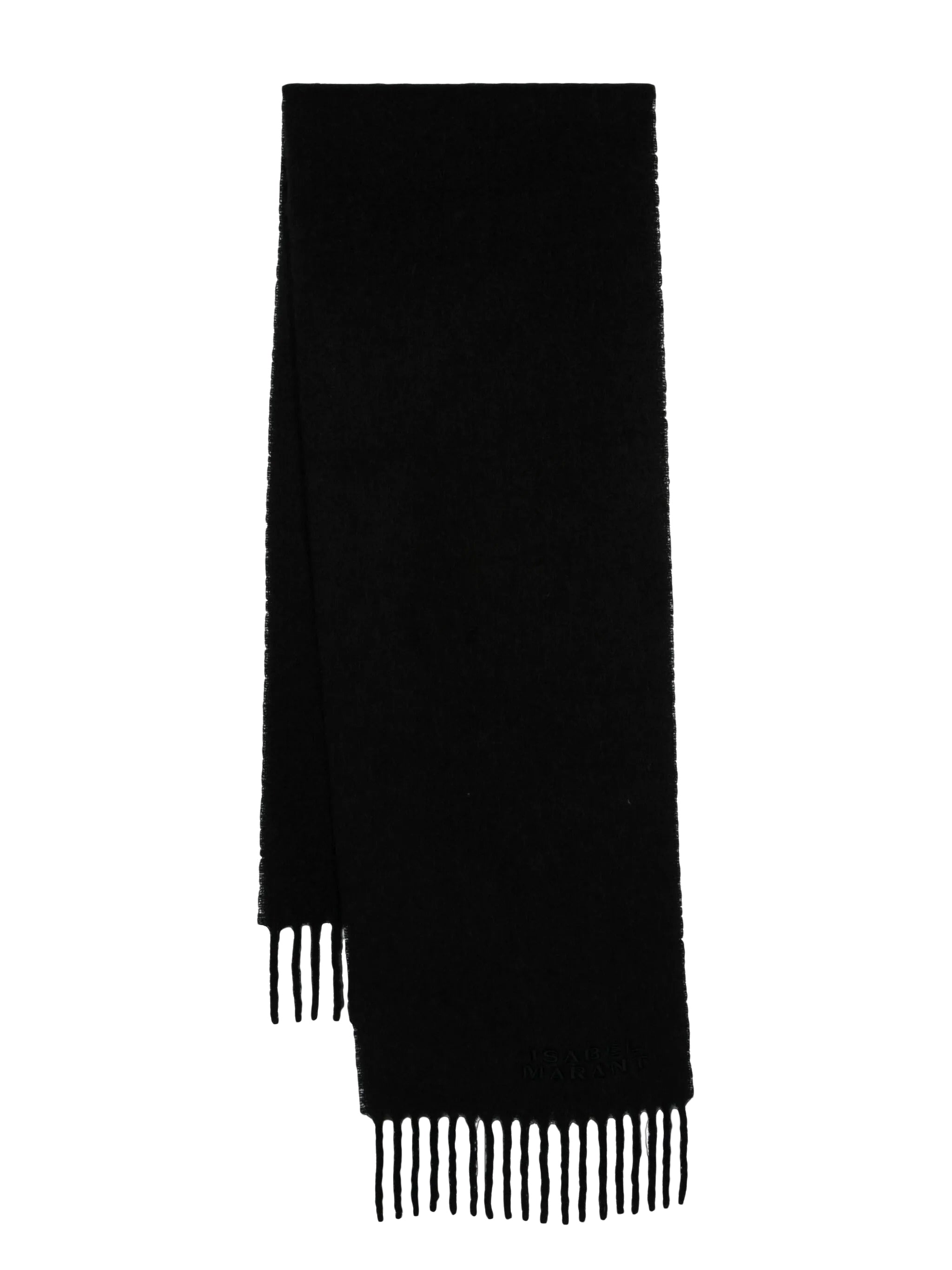 Rectangular Black Alpaca-Blend Scarf with Fringed Ends