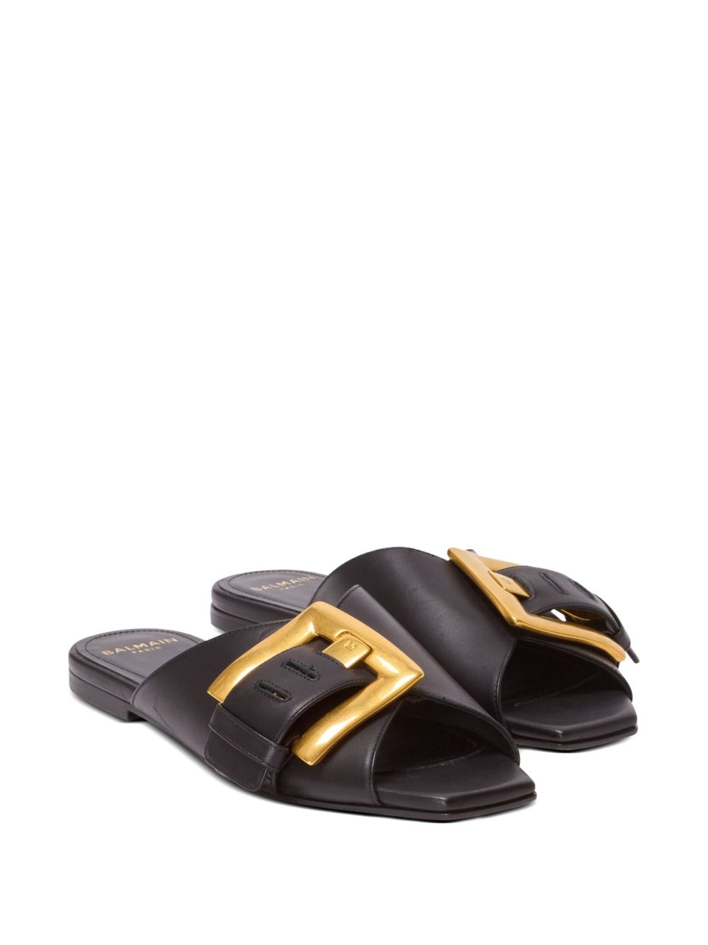 Black Flat Sandals With Bold Gold Buckle
