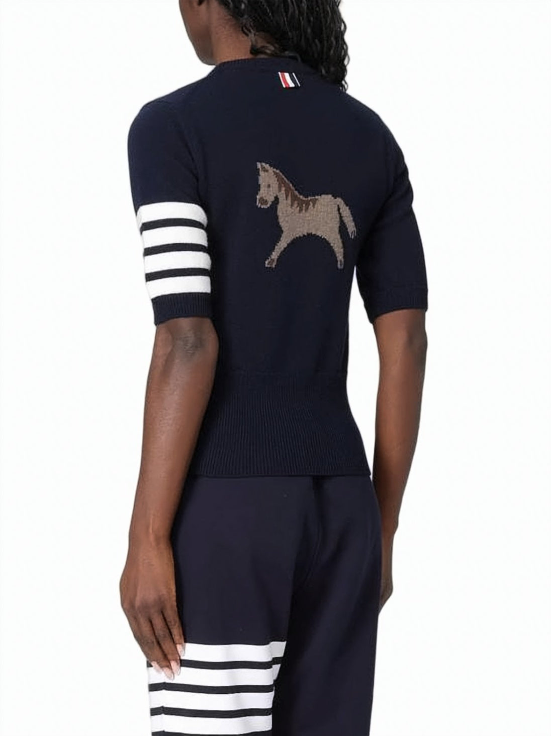 Fitted Short-Sleeved Knit Sweater with Horse Motif