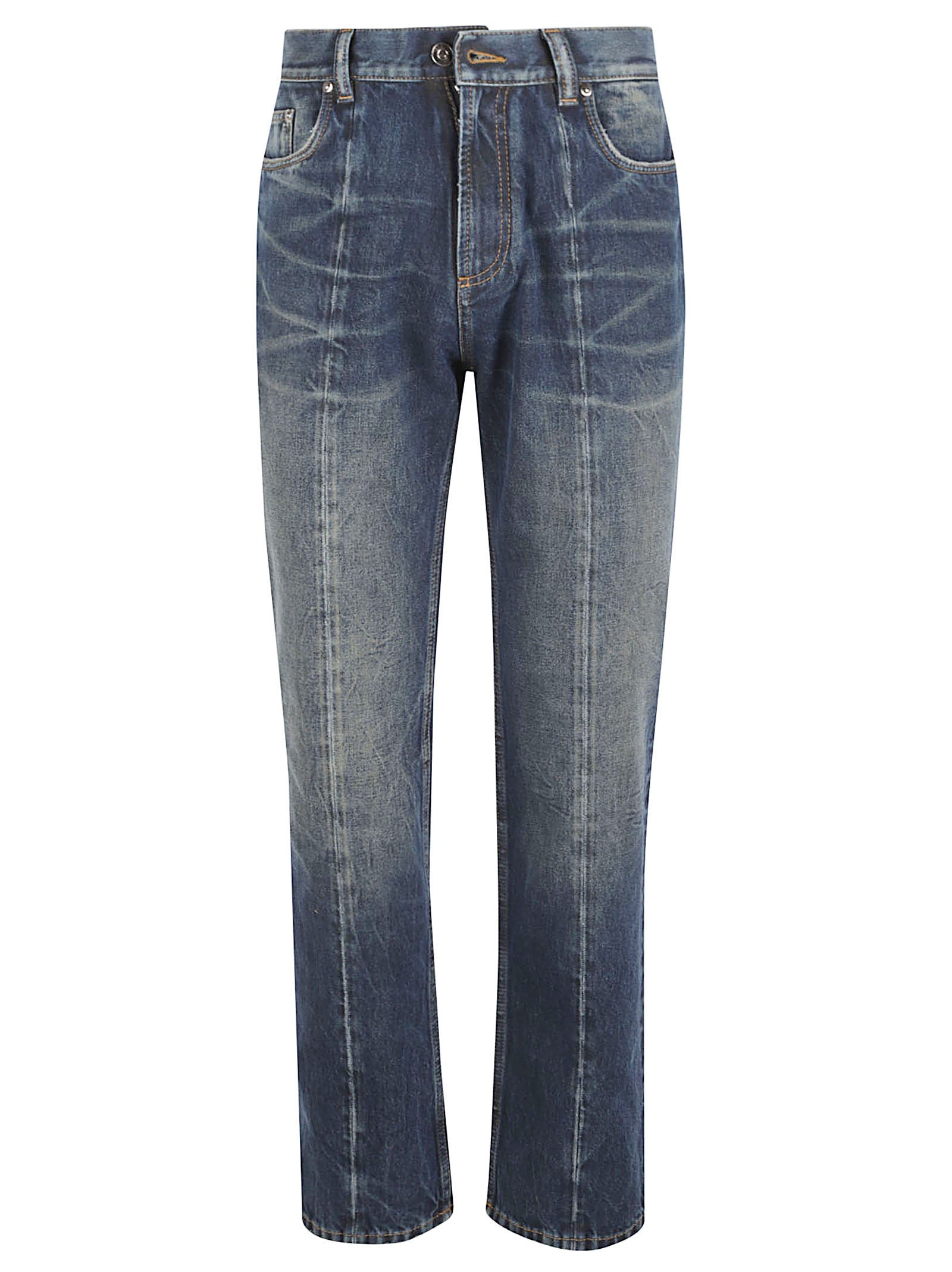 Distressed Blue Denim Straight-Leg Jeans with Medusa Emblem
