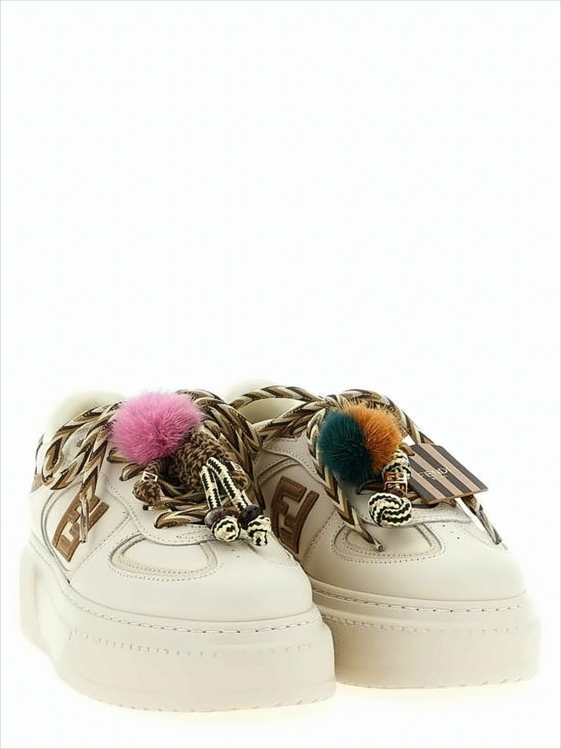Creamy Leather Sneakers with Colorful Pom-Poms