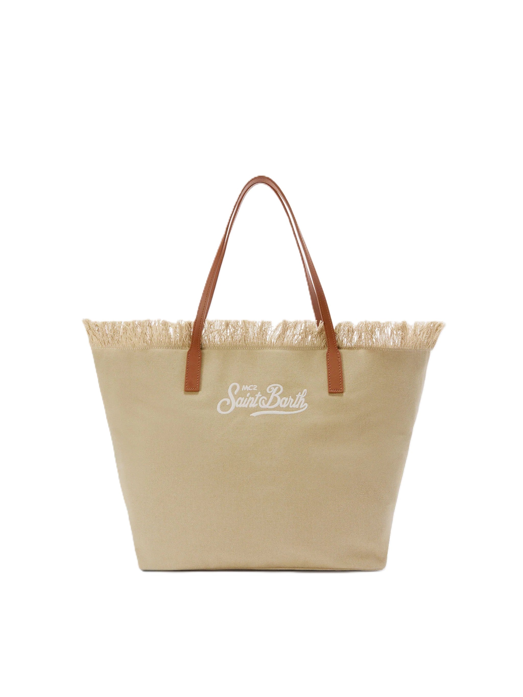 Fringed Beige Canvas Tote Bag with Leather Accents