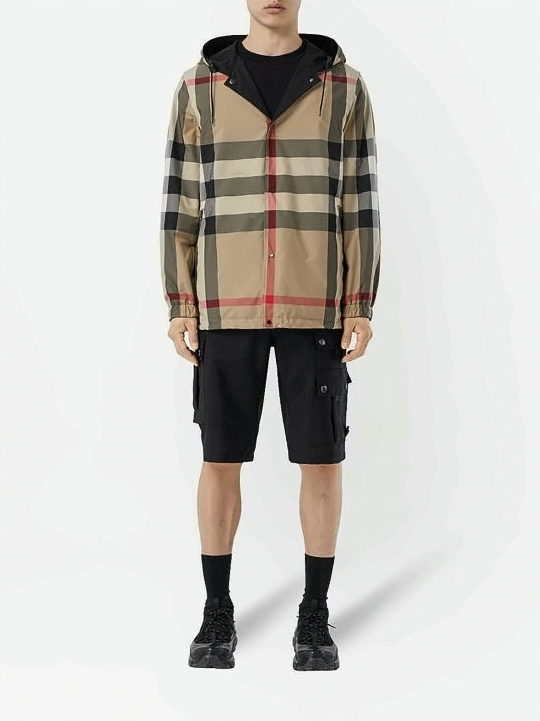 Reversible Hooded Short Jacket with Classic Check and Solid Design