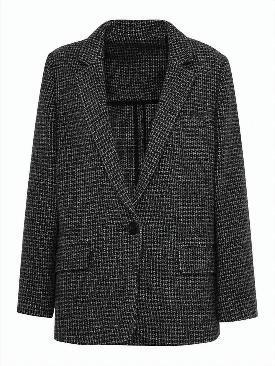 Textured Grey Blazer with Notched Lapel and Subtle Check Pattern