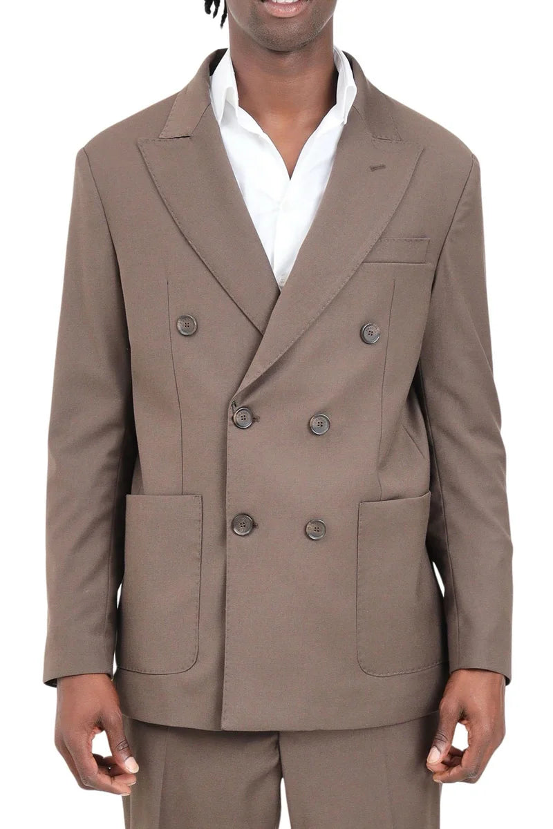 Wool Blend Double-Breasted Jacket - Brown