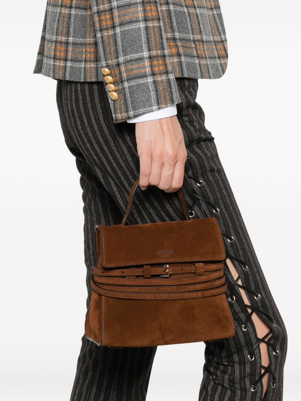 Structured Brown Suede Top Handle Shoulder Bag