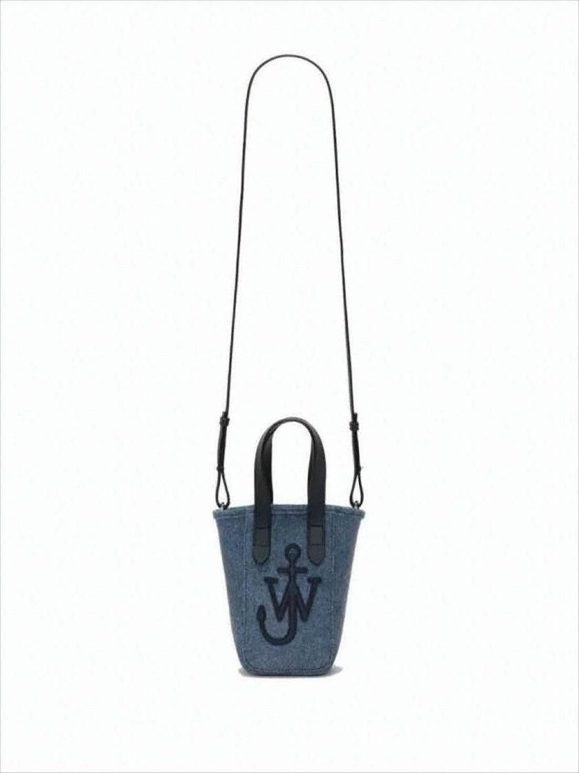 Structured Blue Bucket Crossbody Bag With Embroidered Logo