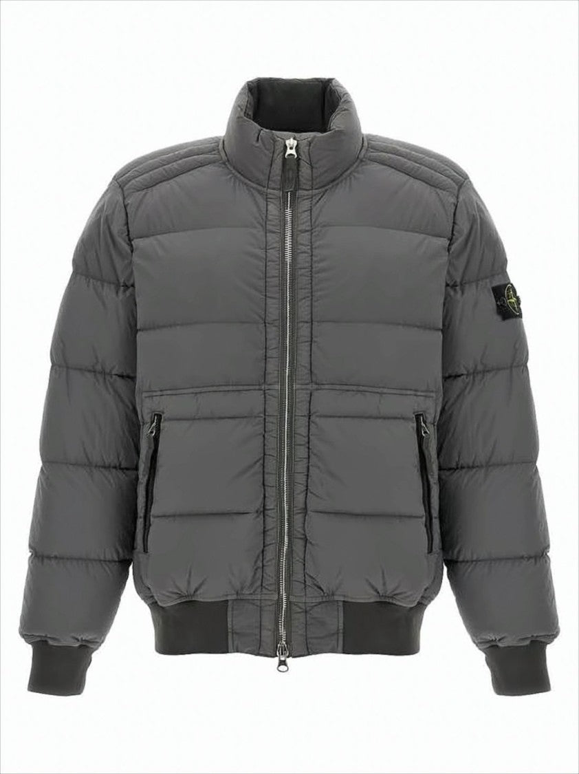 Quilted Grey Padded Jacket with High Collar and Distinctive Patch