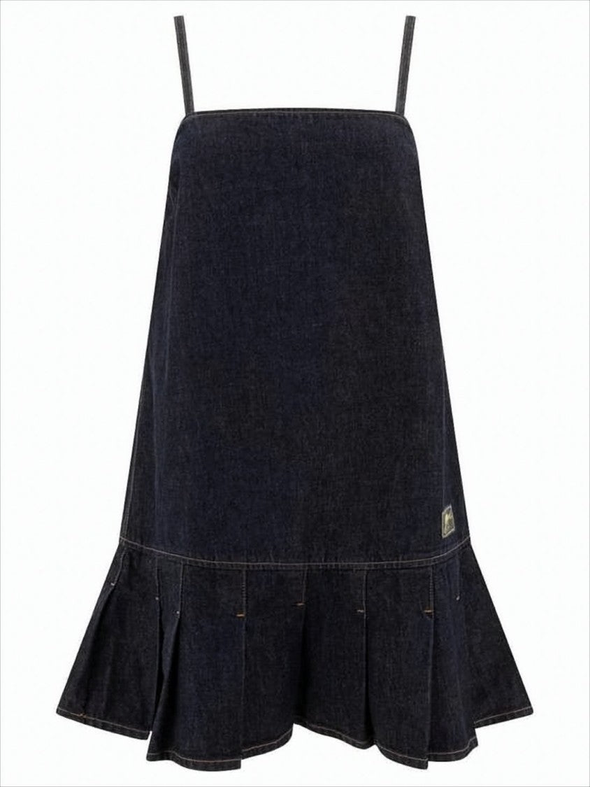 Ruffled Hem Denim Mini Dress With Thin Shoulder Straps