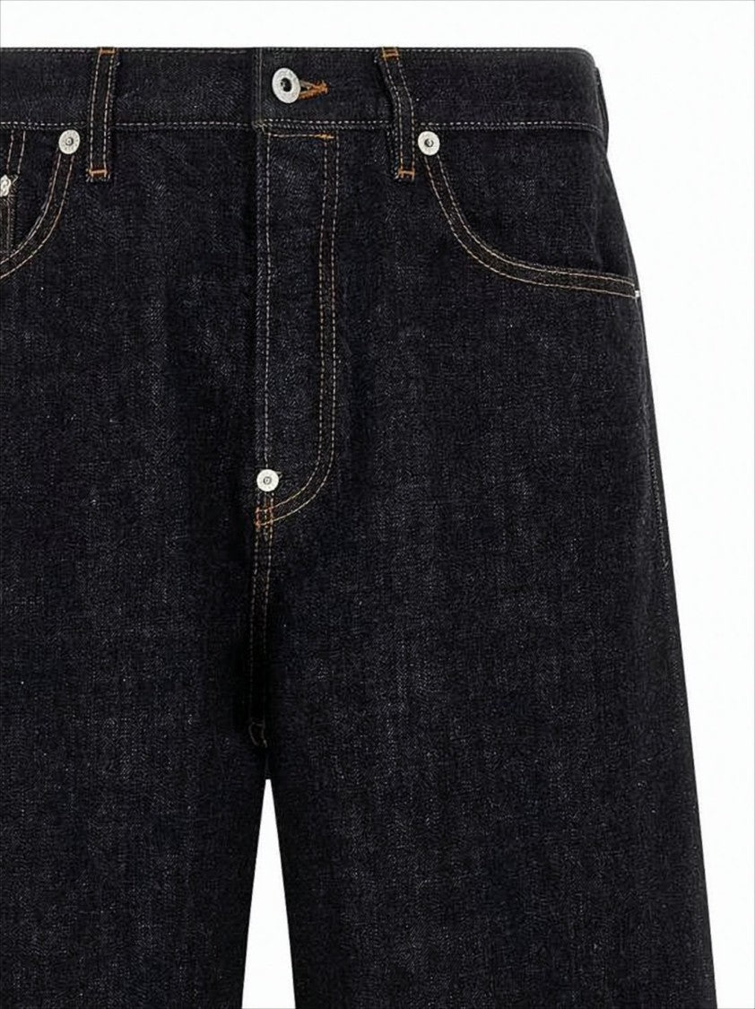 Wide-Leg Denim Pants With Cuffed Hem And Back Leather Patch