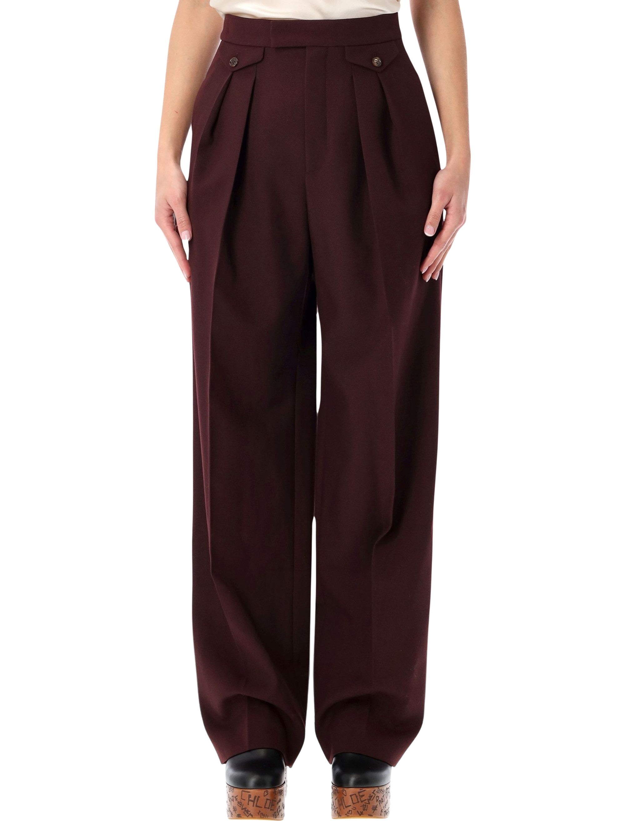 High-Waist Bordeaux Wool Gabardine Trousers