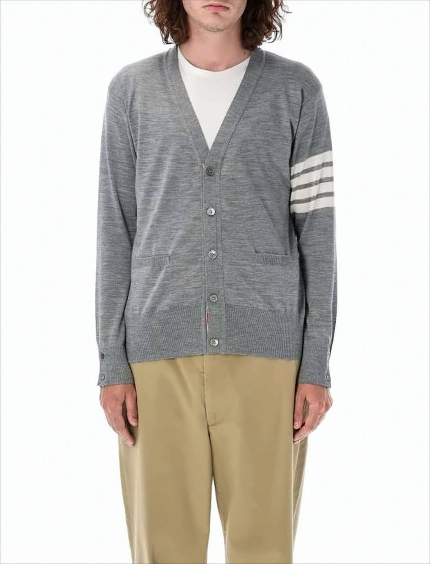 Medium Grey Wool Cardigan with Distinctive Stripe Detail