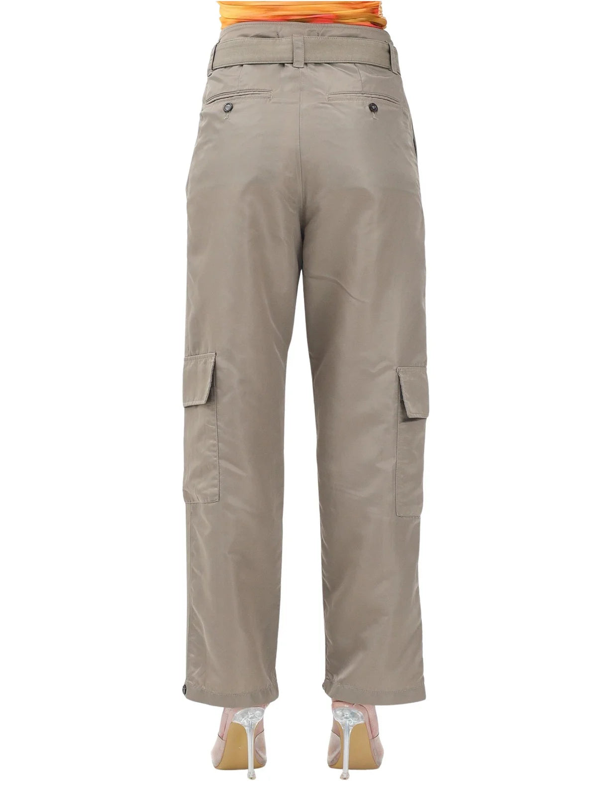 High-Waist Khaki Trousers With Wide-Leg Silhouette And Belted Waist