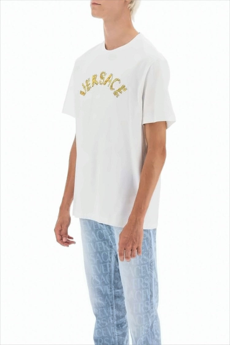 Crew Neck T-Shirt with Bold Gold Logo Design