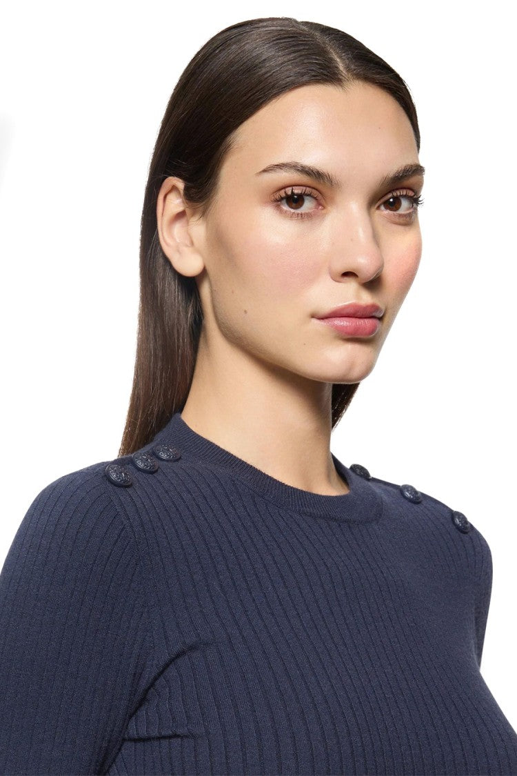 Fitted Blue Sweater With Shoulder Buttons