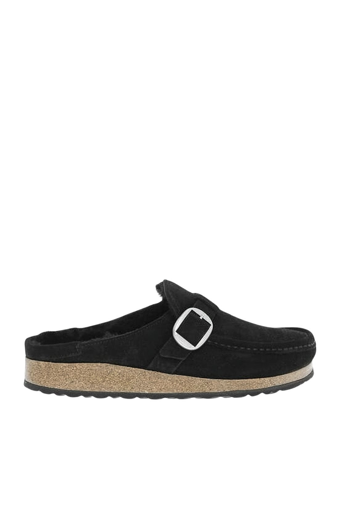 Black Suede Mule with Silver Buckle