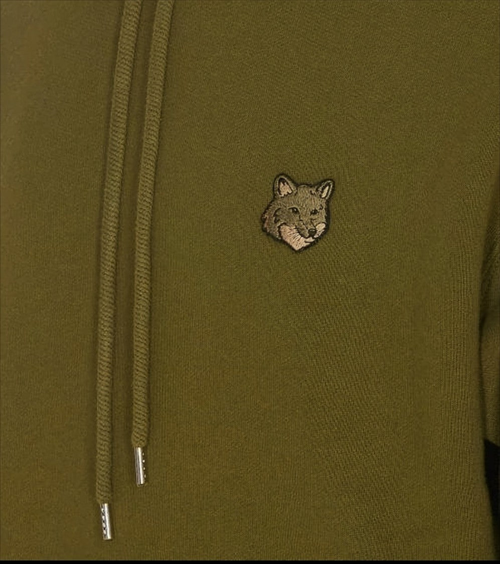 Solid Olive Green Cotton Hoodie With Iconic Fox Emblem
