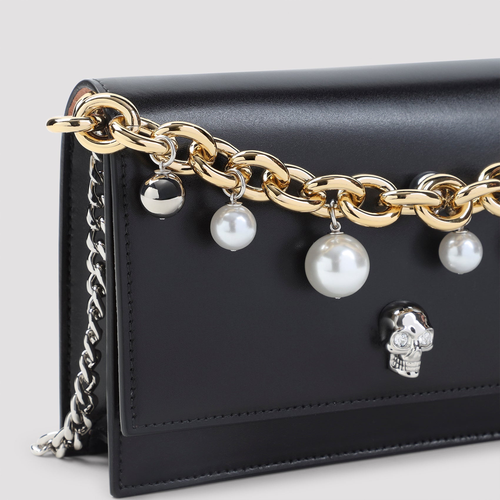 Rectangular Leather Clutch with Metallic Skull