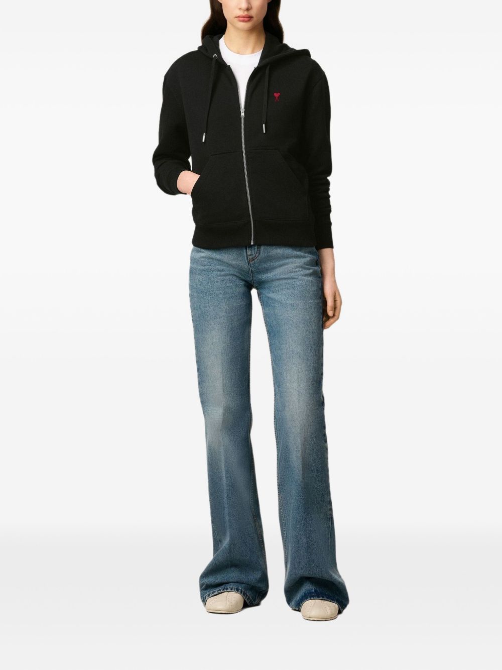 Black Zip-Up Drawstring Hooded Sweatshirt