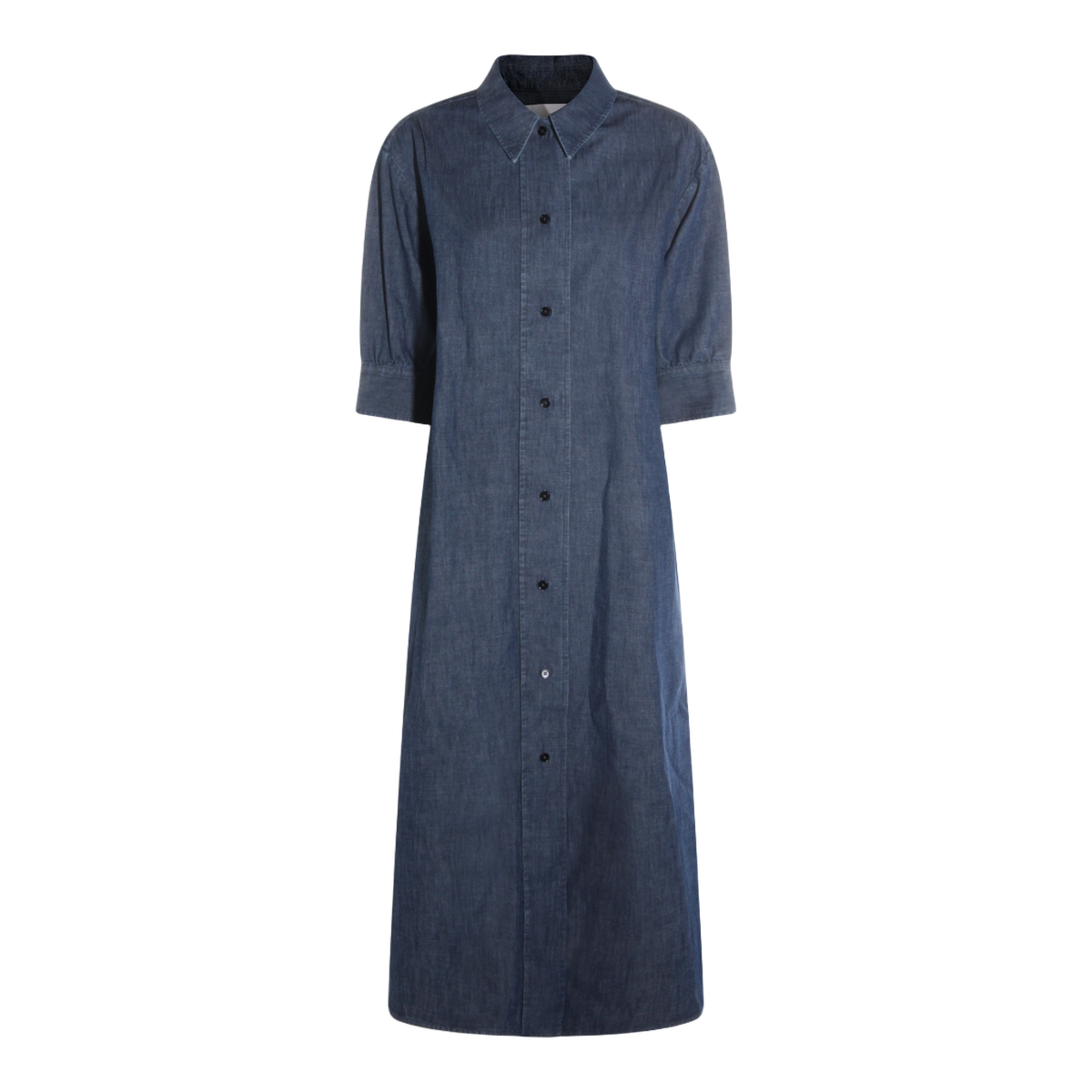 Midi-Length Button-Down Dress with Pointed Collar