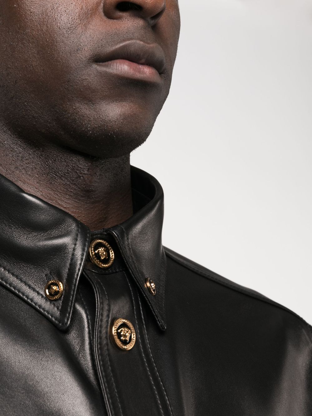 Black Blouson Leather Checkered Sleeve Jacket
