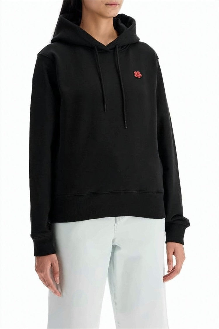 Cropped Black Hoodie With Floral Emblem And Graphic Design