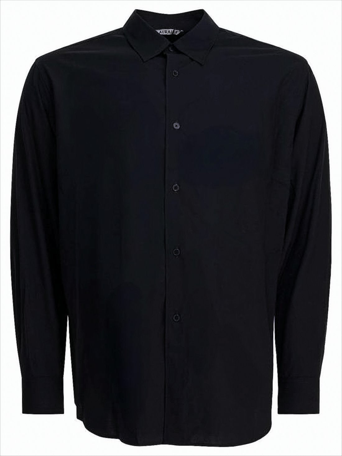 Long-Sleeve Black Wool Shirt with Classic Collar