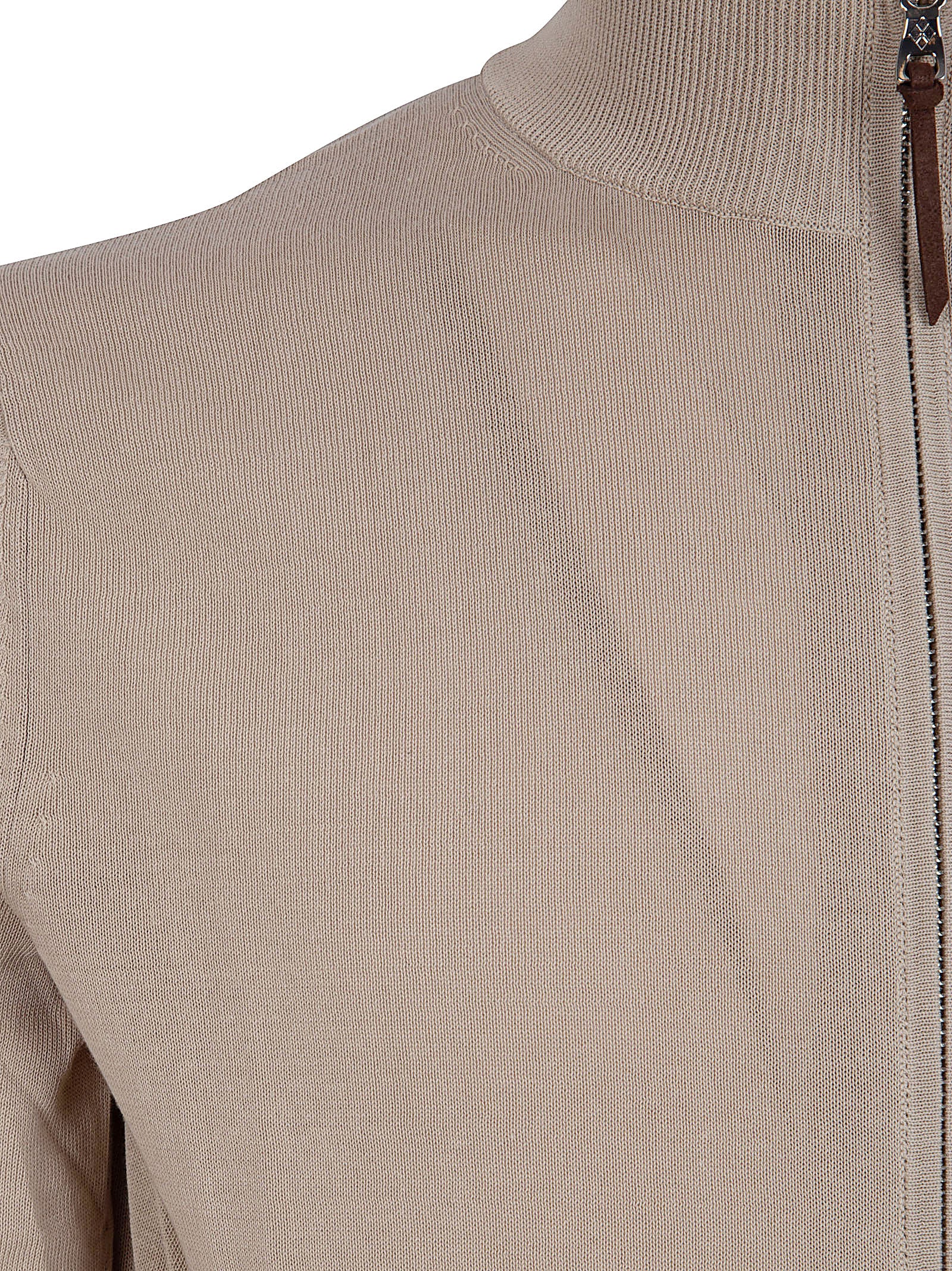 Full Zip Knit Sweater with Ribbed Collar and Leather Detail